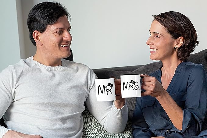 Promotion & Beyond Mr and Mrs Mug Set Matching Coffee Mug Set Gift for Couples MCPL130 (Ceramic, 11 oz. (Set of 2)) White/Black Handle & Rim