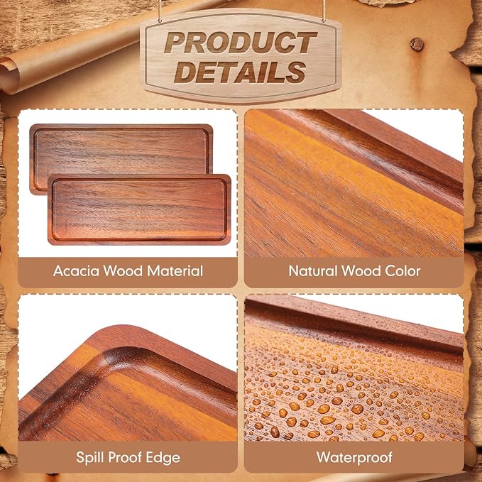 Skylety 15 Pack Solid Wood Serving Tray Large Acacia Party Server Platter Rectangular Charcuterie Board with Grooved Handle for Home kitchen Cheese Appetizer Farmhouse Table Supplies (13.8 x 5.4 Inch)