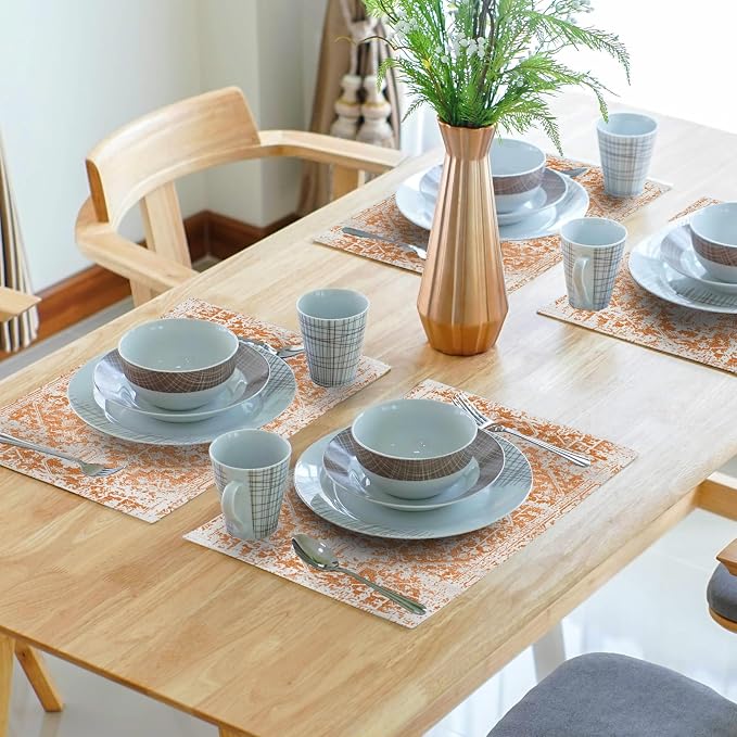 Gray Orange Boho Placemats Set of 4 Ethnic Bohemian Carpet Place Mats Washable Kitchen Dining Vintage Grey Geography Floral Linen Table Mats Stain Heat-Resistant Cloth Tabel for Home Party 12x18 in