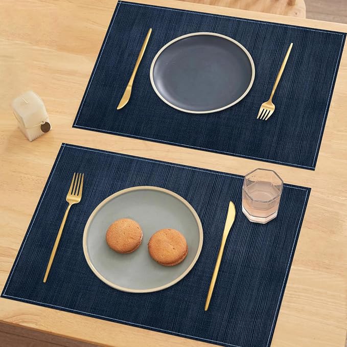 Niviy Dark Blue Placemats Set of 4, 12x18 Inch Washable Easy to Clean Heat-Resistant Anti-Skid Navy Blue Placemats for Holiday Party Kitchen Dining Room Decoration