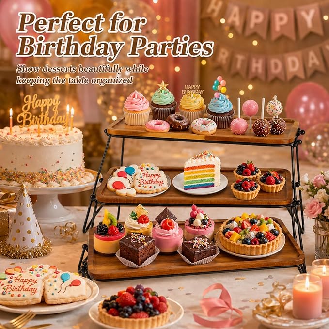RHBLME Tiered Tray Stand, Acacia Wood Dessert Table Display Set, 3 Tier Cupcake Stand and Towers Serving Tray for Party, Decorative Tiered Tray Rustic Wood Serving Platters and Trays