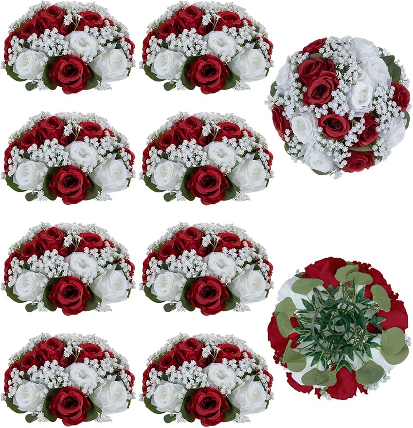 BLOSMON Fake Flowers Ball Wedding Centerpieces 10 Pcs Crimson Rose Babys Breath Artificial Flowers Center Pieces Decoration for Table Silk Kissing Floral Bouquet Arrangements for Home Party DIY Decor