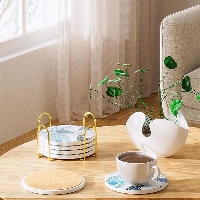 6Pcs/Set Marble Abstract Ceramic Coasters with Holder, Absorbent Drink Coasters, Coffee Cup Coaster,Round Ceramic Table Coasters Set Decorative