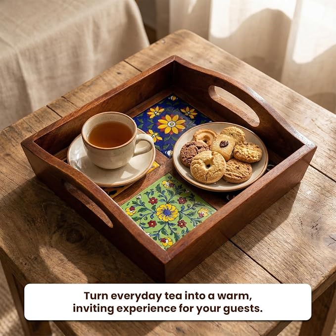 Craft Trade Square Mango Wood Serving Tray with 4 Fitted Ceramic Tiles Multipurpose Wooden Serving Platter with Handles, Decorative Tea Coffee Snack Tray for Home Kitchen Dining & Gifting - 9x9x3 Inch