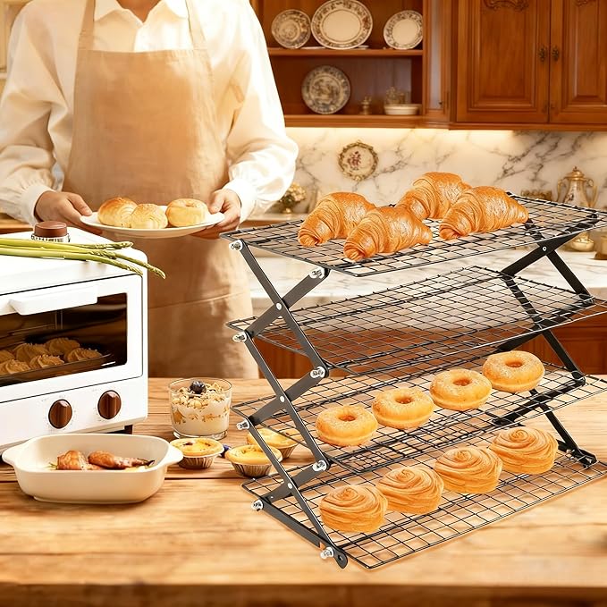 4-Tier Collapsible Cooling Rack with Adjustable 3 Setting, Wire Cooling Roasting Cooking Baking Drying Rack for Cookies Bread Turkey, Candy, Fruit, Snacks