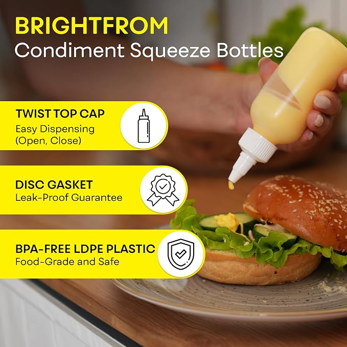 BRIGHTFROM Condiment Squeeze Bottles - 4 OZ Squirt Empty Bottles, Twist Top Cap, Leak Proof - Great for Ketchup, Mustard, Syrup, Sauces, Dressing, Oil, Arts and Crafts, BPA-FREE Plastic - Pack of 2