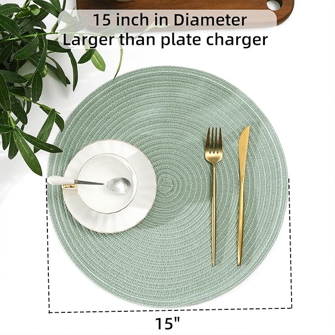 SHACOS Round Placemats Set of 8 Washable 15 inch Round Table Mats Cotton Polyester Woven Braided Place Mats for Dining Table Wedding Party Decor, Sage Green