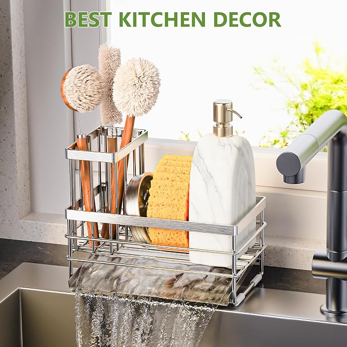 Cisily Sink Caddy Sponge Holder for Kitchen with Brush Holder and Stainless Steel Self Drain Tray, Rustproof Kitchen Sink Organizer for Sponge, Soap Dispenser Storage Accessories