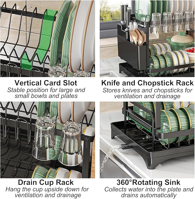 2 Tier Dish Drying Rack, Small Dish Rack for Kitchen Counter, Detachable Capacity Dish Drainer Organizer with Cutlery & Cup Holder (Black)