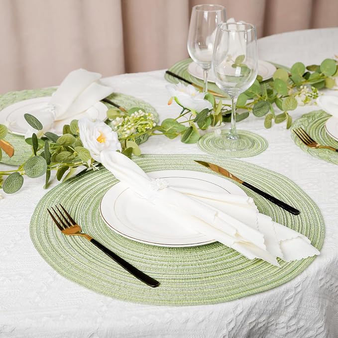 15'' Round Woven Placemats Set of 6, Natural Heat Resistant Washable Non-Slip Woven Table Mats-Green