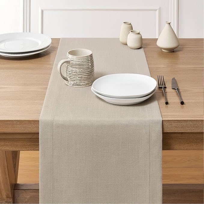 ZeeMart Linen Textured Border Table Runner, 14 x 36 Inch Natural, Farmhouse Style Neutral Table Runners 36 Inches Long, Easy Care Everyday Polyester Table Runner