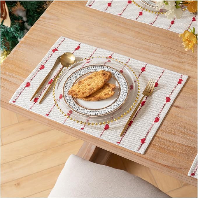 Christmas Valentines Placemats Set of 4, Cotton Linen Woven Table Mats for Modern Dining Table, 13x19 Inch Rustic Kitchen Valentine's Day Decorations Red Place Mats