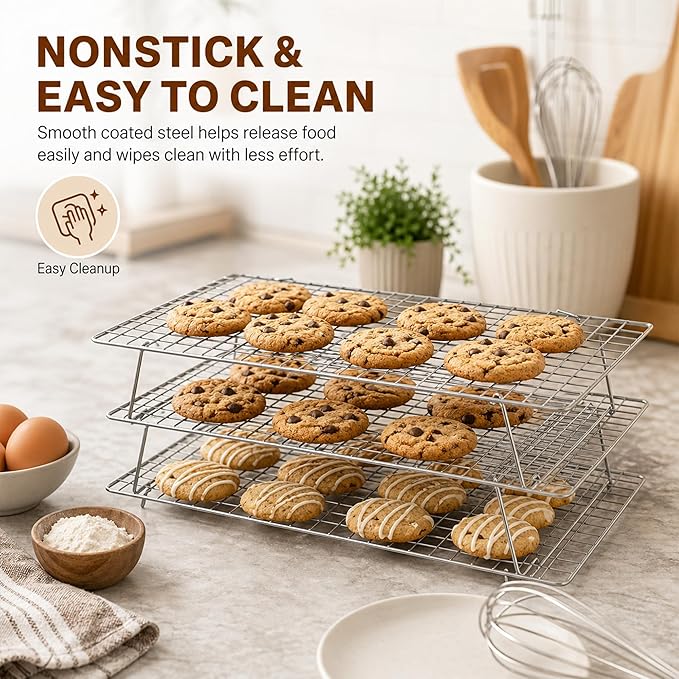 Cooling Rack, 3 Tier Stackable Cooling Racks for Cooking Baking Roasting, Multi-Level Collapsible Cookie Rack for Cakes, Oven Safe & Easy Clean (Silver, 3-Tier-SL)