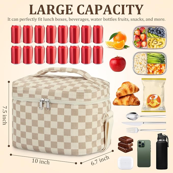 TESAFNG Insulated Lunch Bag for Women, Cute Corduroy Reusable Lunch Box for Adult, Leakproof Cooler Bag for Work Office Travel Picnic, Lunch Tote Bag with Adjustable Shoulder Strap (Checkered Khaki)