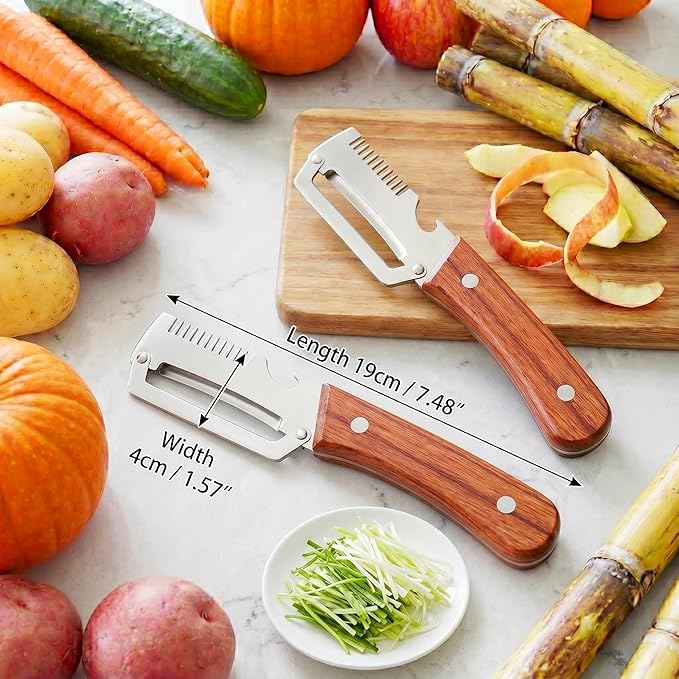 Multifunctional Vegetable Peeler for Kitchen,3 in 1 Stainless Steel Peeler with Wooden Handle and Bottle Opener Fruit Peeler Knife Scallion Shredder,Zero Snag Wooden Kitchen Tool