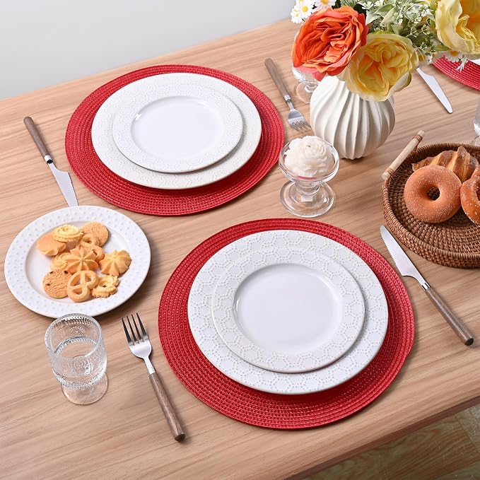 Feuille Round Braided Placemats Set of 6 Place Mats for Dining Table Woven Washable Non-Slip Table Mats 13.5 Inch (Red, 6pcs)