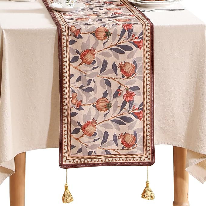 patdrea Designer Vintage SaddleBrown Linen Table Runner 71 Inch Long, Pomegranates Pattern Table Mat, Decoration for Kitchen Dining Table Coffee Table Shelf Cabinet Banquet Christmas ,12"*71"