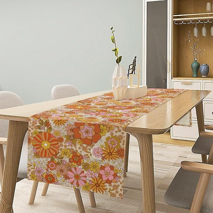 Retro 70s Floral Table Runner,Vintage Hippie Summer Groovy Daisy Flower Dinner Runner for Home Kitchen Dining Table Party Holiday Decor 13"x108"