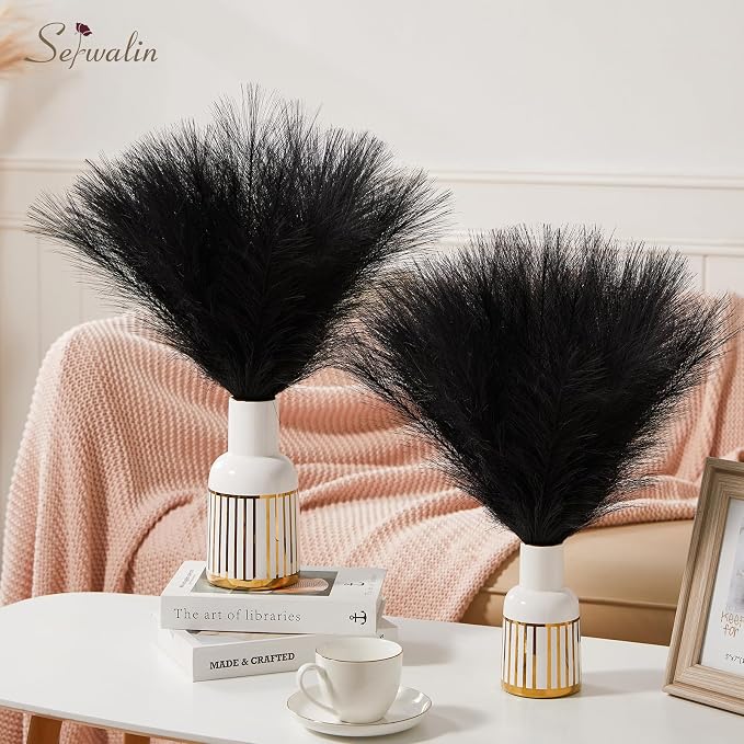 Serwalin 60Pcs Black Pampas Grass Decor, 17.7'' Faux Pampas Grass, Fluffy Short Artificial Pompous Grass for Gothic Room Decoration, Wedding, Party, Halloween and Home Decor