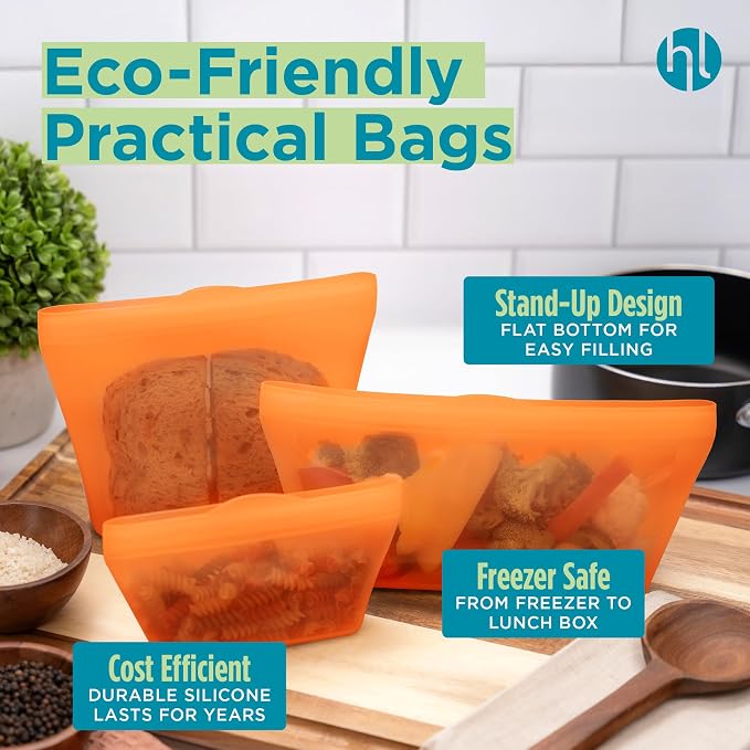 Home Logic Reusable Quart Bags - Set of 4 Firecracker Orange Silicone Freezer Bags, Airtight Leak Resistant Reusable Zip Bags for Kitchen Home Food Prep, Microwave & Sous Vide Safe