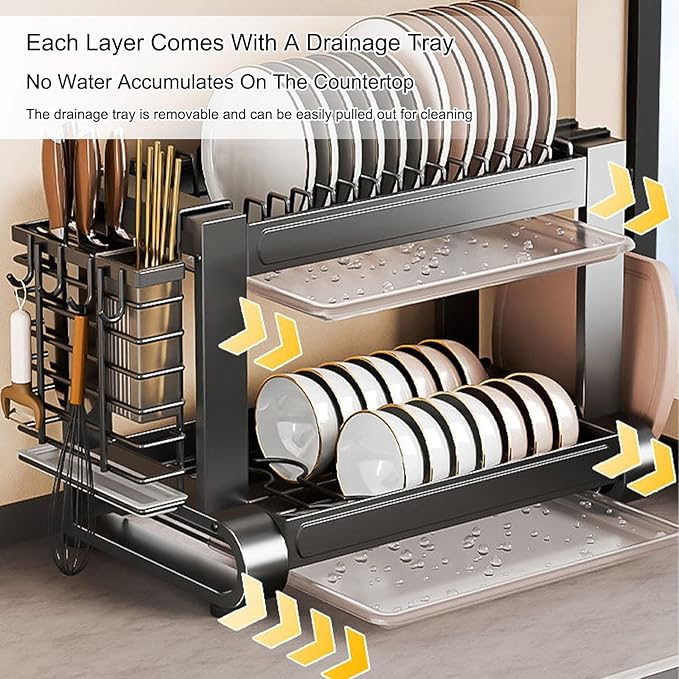 JHDXL Over Sink Dish Drying Rack, 2/3-Tier Stainless Steel Dish Rack, Multifunctional Metal Counter Shelf, Stable Load-Bearing, for Plates, Bowls, and Pots(Gray 2,55.5cm/21.9in)