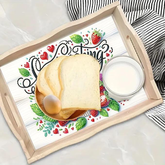 BAYUNOE DIY Diamond Serving Tray Rectangular Wooden Breakfast Tray with Handle Handmade Diamond Art Painting Spring Creative Dinner Plate Coffee Room Living Home Organizer-Cupcake