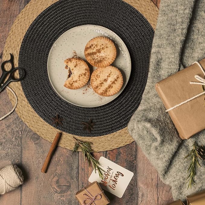 Noctiflorous Braided Round Placemats Set of 6, 15 Inch Woven Table Mats, Non-Slip Washable Wide Edge Place Mats for Kitchen Dining Table Decor (Black, 6)