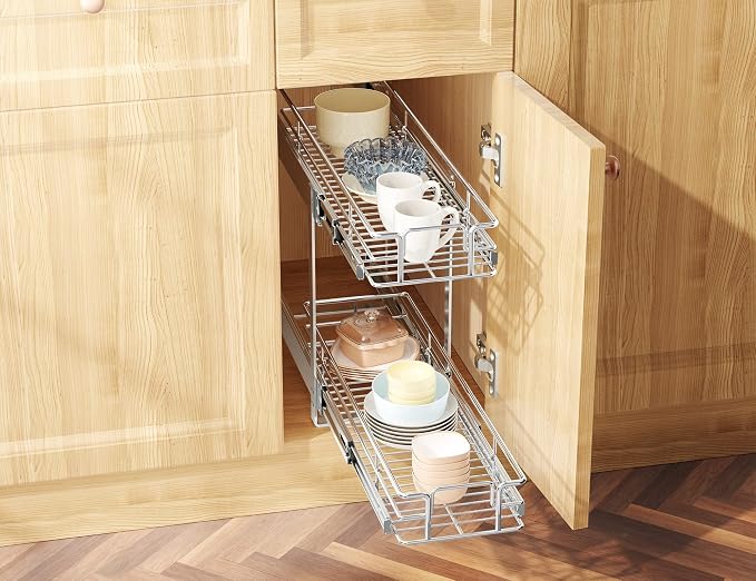 LOVMOR Individual Pull Out Cabinet Organizer, 2 Tier Slide Out Cabinet Drawers, Pots and Pans Organizer and Storage Pantry Shelf for Kitchen (9" W x 21½" D)
