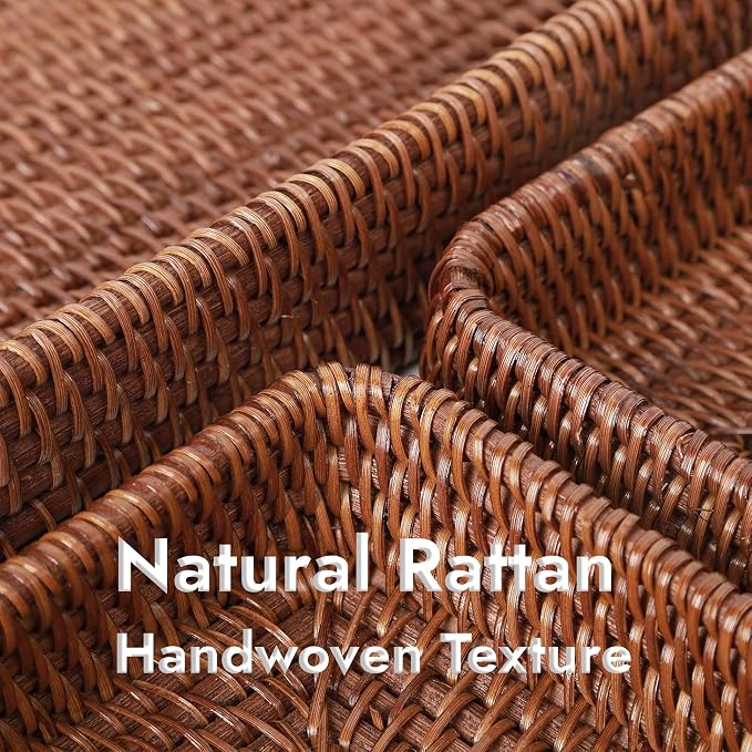 Rattan Tray Set of 3, Rectangular Woven Tray, Wicker Decorative Serving Tray, CoffeeTabletop Vanity Organizer, Bathroom Kitchen Counter, (S 4.3 x 8.3), (M 8.3 x 8.3), (L14.6 × 9.1) (Dark Brown)