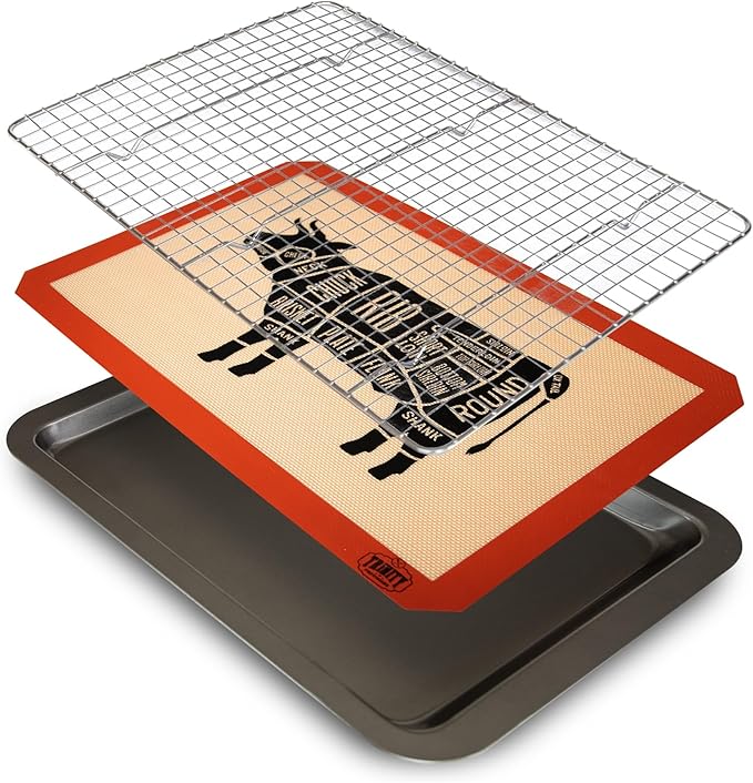 Trinity Provisions Small Meat Resting Pan - With Wire Rack and Silicone Baking Mat - Dishwasher and Oven Safe Stainless Steel, for Cooking and Cooling Steak, BBQ, Bacon, & More
