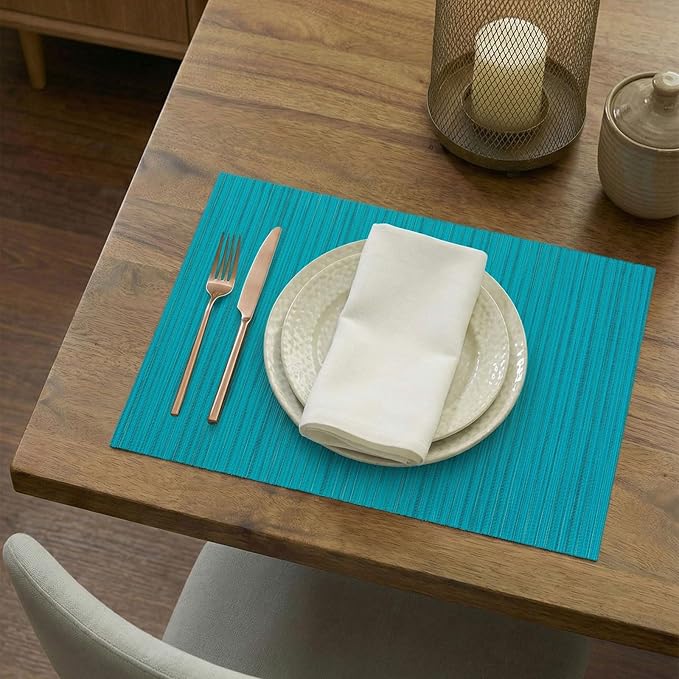 AHHFSMEI Placemats Set of 6 Woven Vinyl Non-Slip Heat Resistant Stain Resistant Easy Clean Place mats for Dining Table(Turquoise)