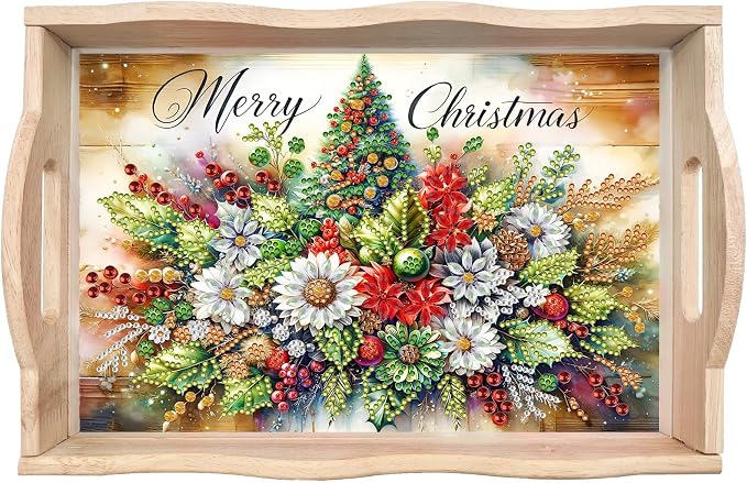 BAYUNOE DIY Diamond Serving Tray Christmas Rectangular Breakfast Tray with Handle Handmade Diamond Art Painting Wooden Tray for Dinner Plate Coffee Room Living Home Organizer-Christmas Flowers