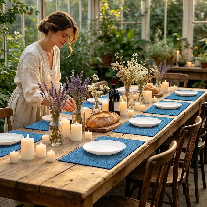 homing Faux Cotton Linen Placemats Set of 6, Cloth Washable Farmhouse Dining Table Mats for Indoors & Outdoors, Easy to Clean, Blue, 13 x 19 Inch