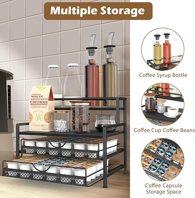 OGEMXU Coffee Bar Organizer, Coffee Pod Organizer,3 Tier Coffee Syrup Rack Organizer,72 K Cup Storage for Counter Storing K Cup,Coffee Syrups, Coffee Makers and Other Coffee Supplies-Black
