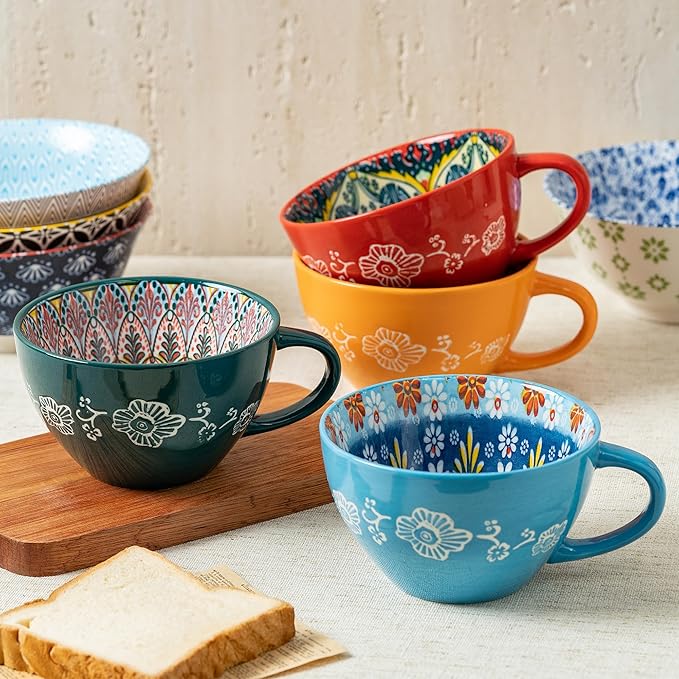 Boho Coffee Mug Set of 4 with Coffee Spoon, Ceramic Large Cups 15 oz/ 450ml, Porcelain Cups for Latte, Tea, Cappuccino, Cocoa, Soup, Dishwasher Microwave Safe, Gift Set Bohemian Style
