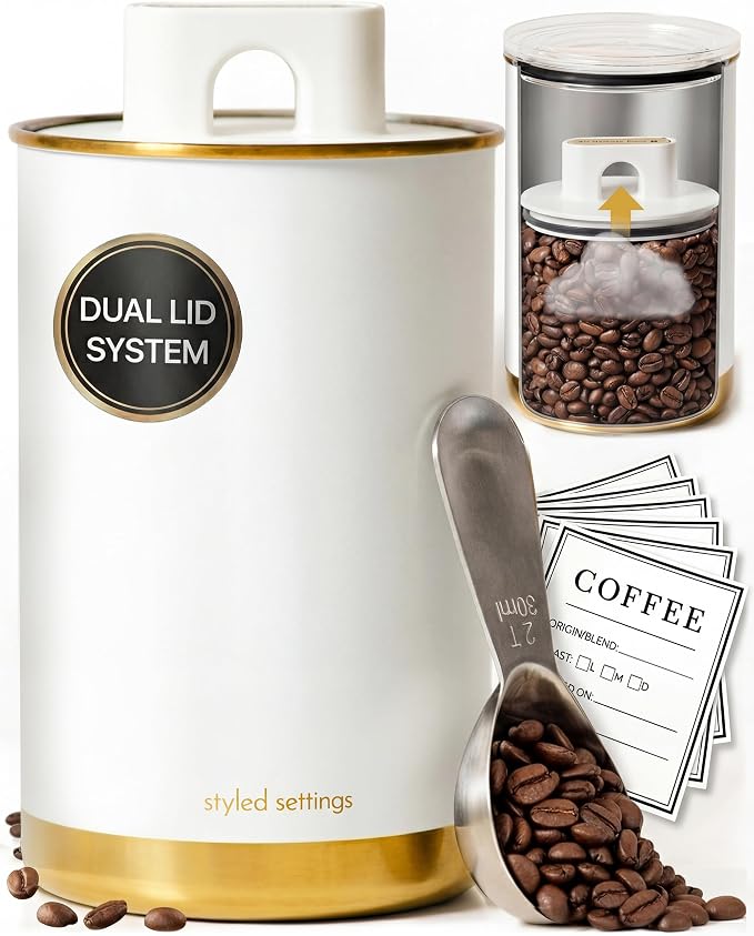 STYLED SETTINGS Vacuum Coffee Canister with Airtight Lid - Dual-Lid Airtight Coffee Canister with Scoop and Label for Beans and Grounds, Food Storage Container -White and Gold Kitchen Accessories