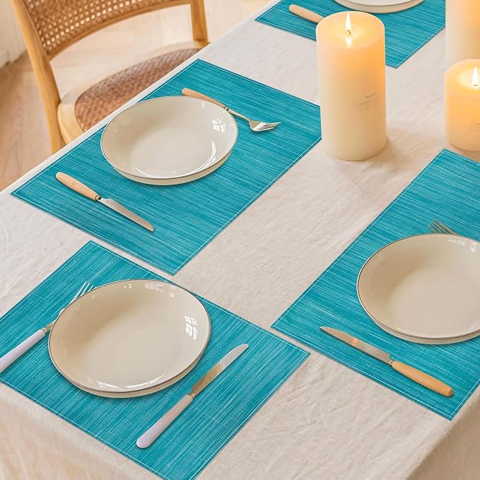 Niviy Teal Blue Placemats Set of 4, 12x18 Inch Washable Easy to Clean Heat-Resistant Anti-Skid Teal Blue Placemats for Holiday Party Kitchen Dining Room Decoration