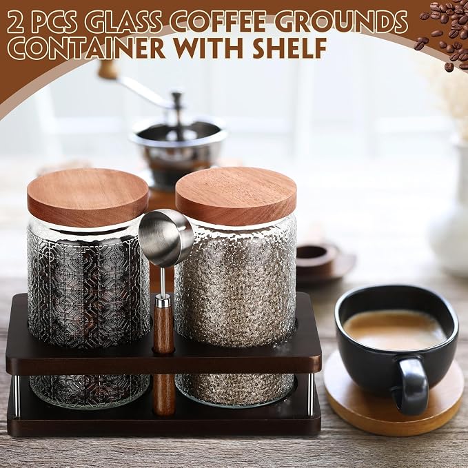 Suclain Glass Coffee Grounds Container with Shelf 2 x 34 oz Glass Coffee Bean Storage Canisters with Airtight Thread Lid and Measuring Spoon Food Storage Jars for Kitchen Sugar(Classic Style)