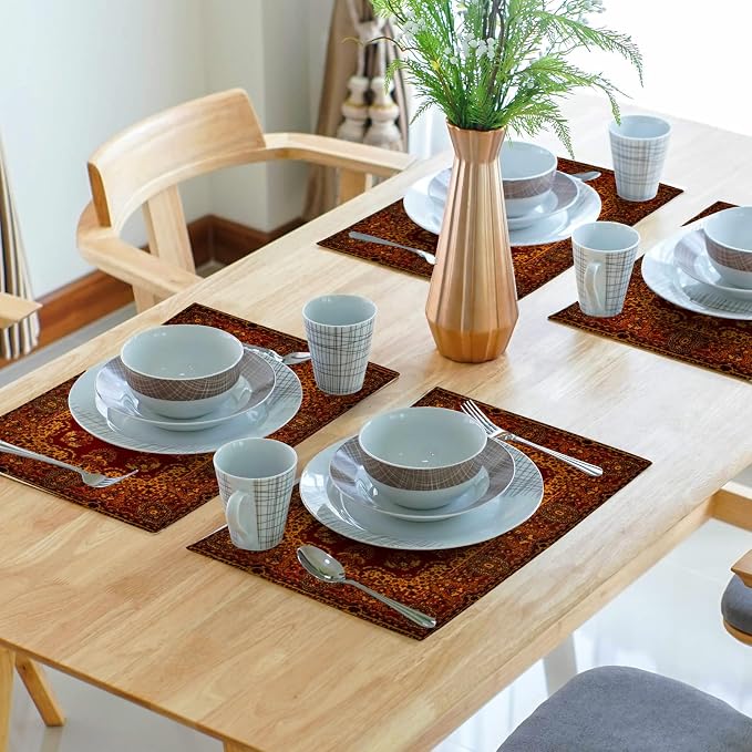 Red Gold Boho Placemats Set of 4 Bohemian Vintage Retro Rug Carpet Linen Washable Kitchen Dining Table Mats Stain Heat-Resistant Desktop Decor Place Mats for Home Party Indoor 12x18 in