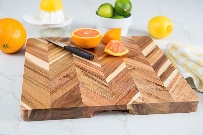 Lipper International Acacia Herringbone Square Cutting and Serving Board with Inset Handles for Chopping Meats, Fruits and Vegetables, 14" x 14" x 1" Thick