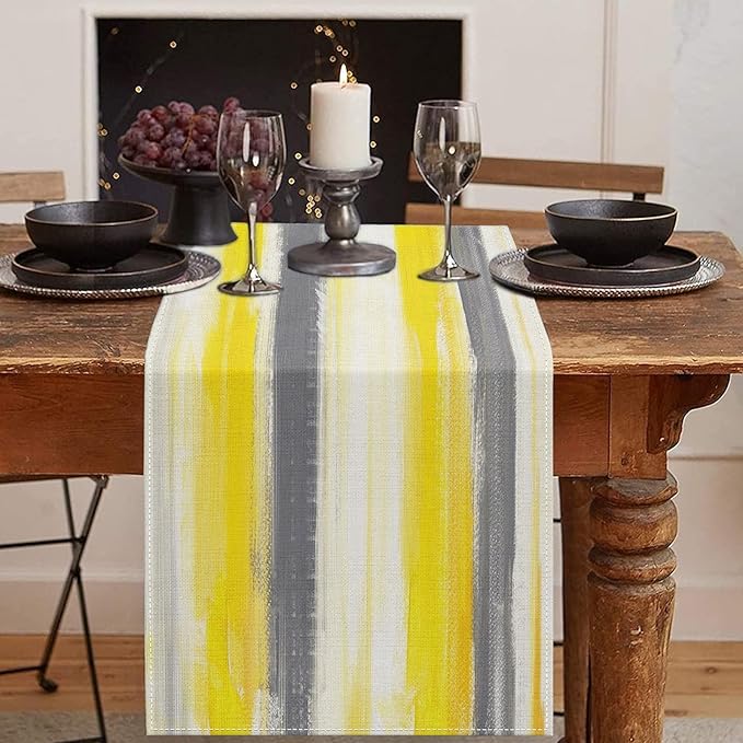 Emvency Yellow Abstract Table Runner, Modern Grey White Striped Dining Decor for Kitchen Coffee Table Family Dinners Holiday Parties Wedding Events Decor(13x72 inch)