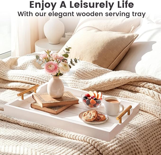 Wood Serving Tray with Metal Handles, 17x13in Large Wooden Tray for Ottoman, Coffee Table, Breakfast, Dinner & Bar, Decorative Tray for Living Room, Bedroom, Bathroom and Kitchen, White