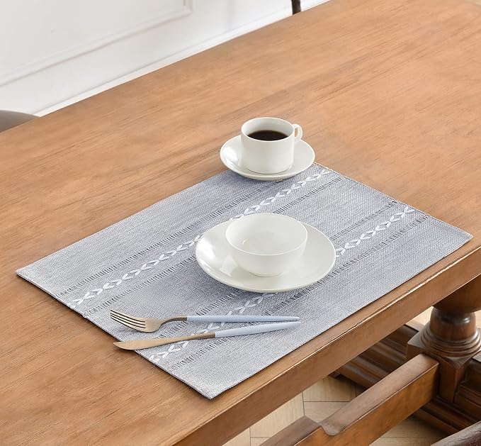 Wracra Cotton Linen Placemats, 12 x 18 Inch Set of 8 Placemats Rustic Hemstitch Place Mats for Kitchen Table and Heat Resistant-Hemstitch Grey