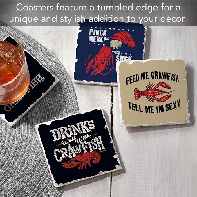 Thirstystone Crawfish Love 4 Pack Assorted Tumbled Tile Stone Coasters with Protective Cork Backing Manufactured in The USA Absorbent Easily Wipes Clean