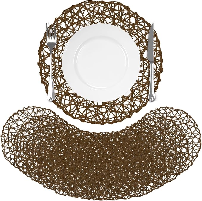comfoyar Round Paper Braided Placemats Set of 12, 13 Inch Non-Slip Dark Brown Hand Woven Place Mats, Natural Table Mats for Indoor Outdoor Kitchen Dining Party Table Decoration