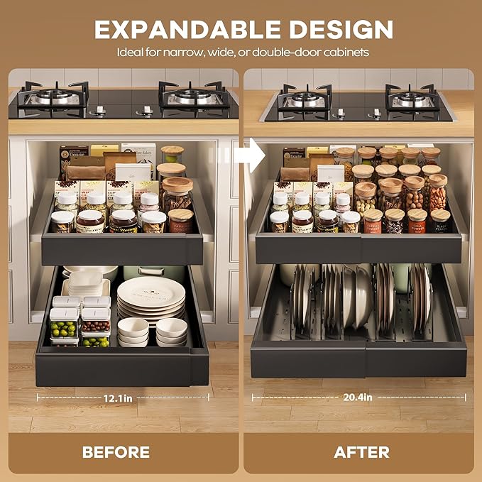 Seinloes 2 Pack Pull out Cabinet Organizer 21"Deep With Raising Pad for Framed Cabinets, Expandable Slide out Drawers for Kitchen Cabinets with 4pcs Divider Racks, Roll out Shelves 12.1"-20.4" W Black