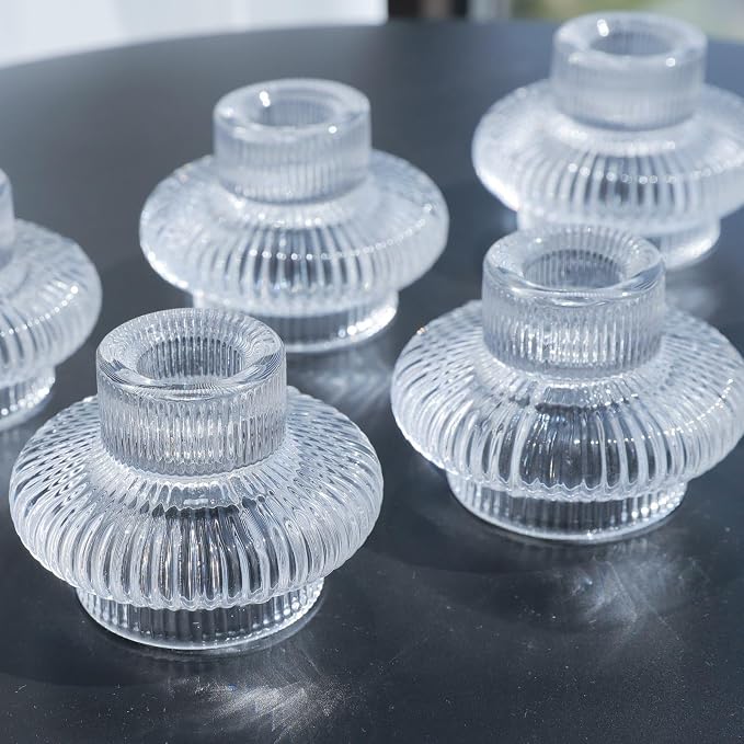 VOHO Vintage Candlestick Holders Set of 6, Dual Sided Candle Sticks Holder Decor for Taper Candles/Tea Lights Candles, Ribbed Candle Holder for Dining Table Centerpiece, Wedding/Christmas Decor(Clear)