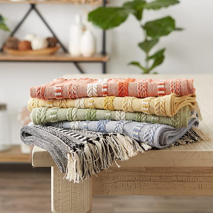 DII Farmhouse Braided Stripe Table Runner Collection, 15x72 (15x77, Fringe Included), Stone (Pack of 12)