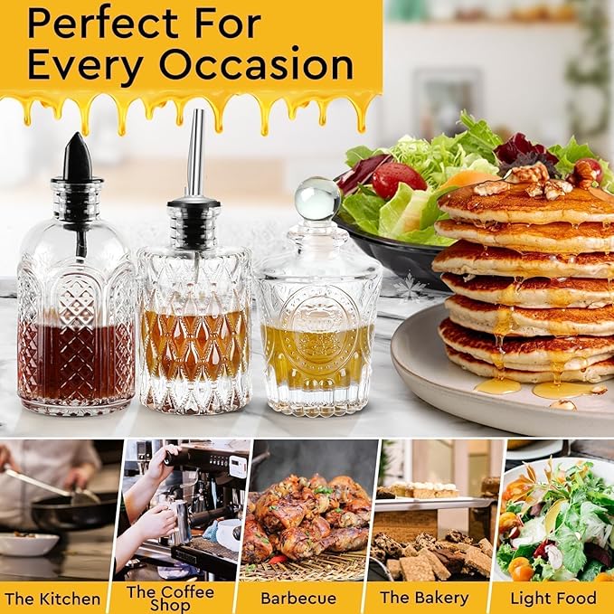 Syrup Bottle Set of 3 - Syrup Dispenser with Leak-Proof Lids Pour Spout Ideal for Coffee Syrups,Honey,Condiments,Olive Oil