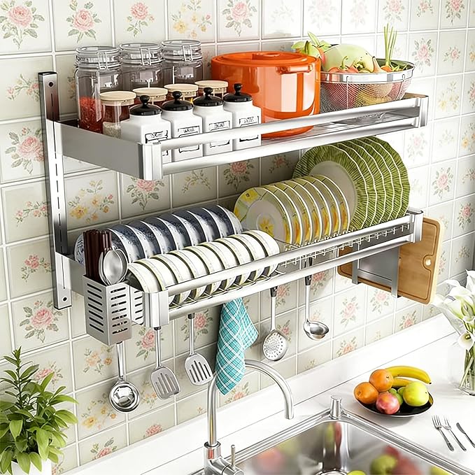 Wall Mounted Dish Drying Rack For Kitchen, 2 Tier Stainless Steel Hanging Dish Rack Over Sink With Removable Drainboard, Adjustable Height Space Saving Cutlery Organizer Holder (23.6x11.8x19.7in)
